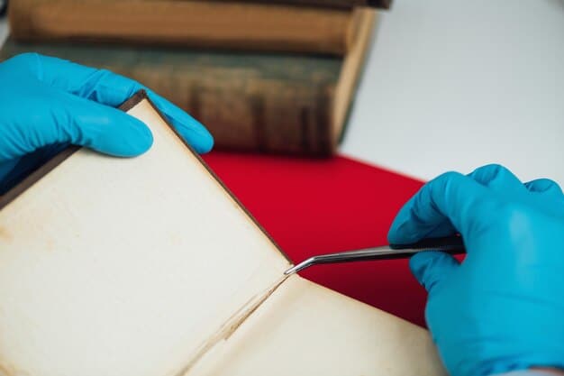 A conservator working in a laboratory, carefully repairing a torn page of an old book. The lighting is bright and focused, highlighting the precision and skill involved in the process. The Amazing Fact: The Library of Congress Holds Over 170 Million Items comes to mind when considering the effort required to maintain such a large collection.