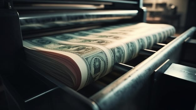 A close-up shot of a printing press in operation, showing US dollar bills rolling off the press. The focus is on the intricate details of the printing process, with vibrant colors and sharp lines. The image captures the mechanical precision involved when incredible! The US prints over 38 million dollars worth of money every day.