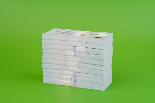 A stack of newly printed $1 bills, each with a clear, crisp image of George Washington. The bills are neatly arranged and banded together, illustrating the large quantities produced. The lighting highlights the green tint of the bills, reinforcing the visual connection to money. This reinforces the idea that incredible! The US prints over 38 million dollars worth of money every day.