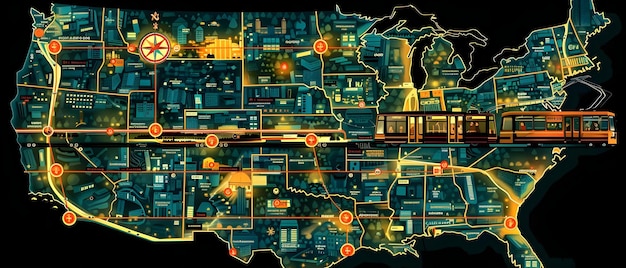 A map of a major US city highlighting areas with high traffic congestion, shown in red and orange. The map illustrates the problem of urban sprawl and inadequate road infrastructure. The visual demonstrates the reality of Did You Know? The Average American Spends 6 Months of Their Life Waiting in Traffic.