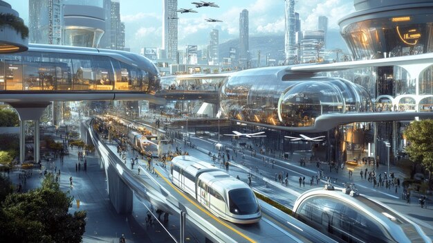 A futuristic cityscape with efficient public transportation systems, including elevated trains and dedicated bus lanes, showing smooth traffic flow and green spaces. The image represents a potential solution to reduce traffic congestion. The overall message is Did You Know? The Average American Spends 6 Months of Their Life Waiting in Traffic, but there is hope.