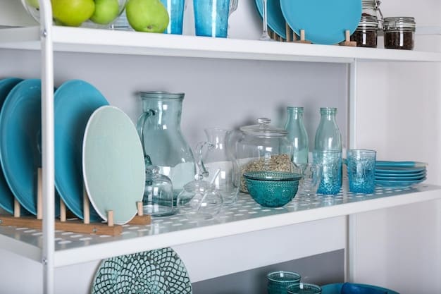 A neatly organized kitchen cabinet filled with various dishes, glasses, and utensils. The image should focus on the abundance of items within a small space, representing the accumulation of possessions in a typical American home.