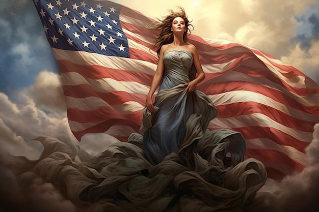 A modern interpretation of Betsy Ross sewing the first American flag, depicted in a realistic and respectful manner. Focus on her dedication and skill as she stitches the stripes and stars together. The setting should evoke a sense of history and patriotism.