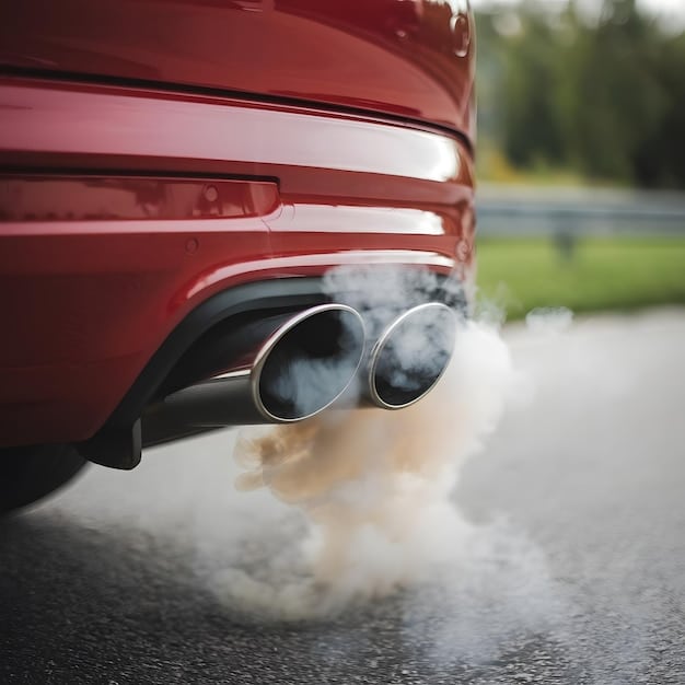 A close-up shot of a car's exhaust pipe emitting fumes. The background is blurred, focusing attention on the pollution coming from the vehicle. The image is gritty and impactful, symbolizing the environmental cost of driving and the context that helps highlight that Mind-Blowing: The Average American Drives Over 13,000 Miles Per Year.