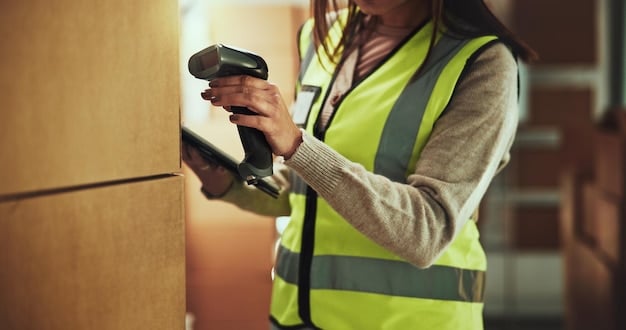 A USPS worker using a handheld scanner to scan a package. The background shows a modern USPS facility with digital displays and automated systems. The image represents USPS innovations and technological upgrades for efficient mail processing.