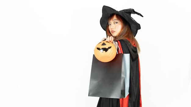 A close-up shot of a child dressed in a Halloween costume with a bag full of various candies, standing on a porch during trick-or-treating. The image captures the joy and excitement of the Halloween tradition and emphasizes the central role of candy in the celebration. The child's bright costume and overflowing candy bag highlight that Unbelievable! Americans Spend Over $1.5 Billion on Halloween Candy Each Year.