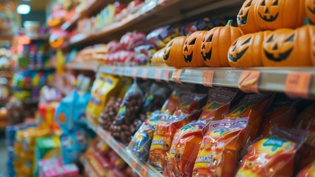 A well-stocked aisle in a grocery store dedicated to Halloween candy, with various brands and types of candies displayed on shelves. Shoppers are seen browsing and selecting their favorite treats. The image emphasizes the retail environment and the wide availability of Halloween candy, contributing to that Unbelievable! Americans Spend Over $1.5 Billion on Halloween Candy Each Year.