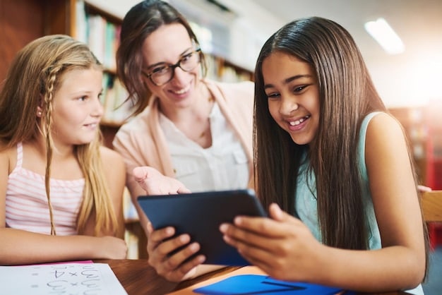 A student presenting a project using a tablet, with other students and a teacher listening attentively, suggesting active learning and digital presentation skills. The classroom should look modern and collaborative.