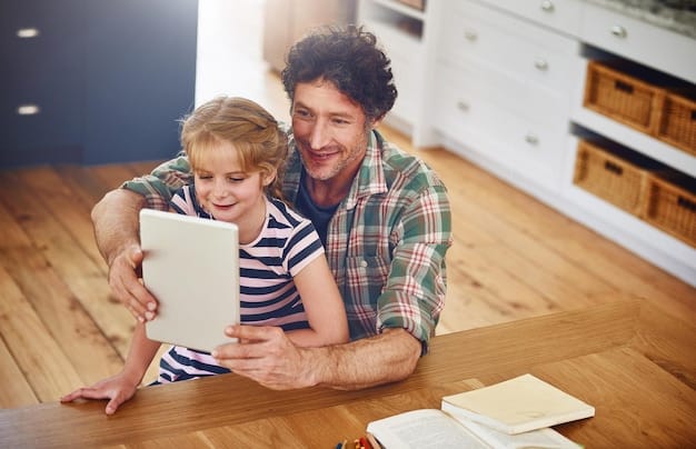 A father is sitting at a table with his daughter, pointing at a tablet and explaining financial concepts. They are both smiling and engaged. The atmosphere conveys financial literacy and family planning. This depicts unlocking 529 Plans: Maximize Your Education Savings in 2025 with These Insider Strategies.