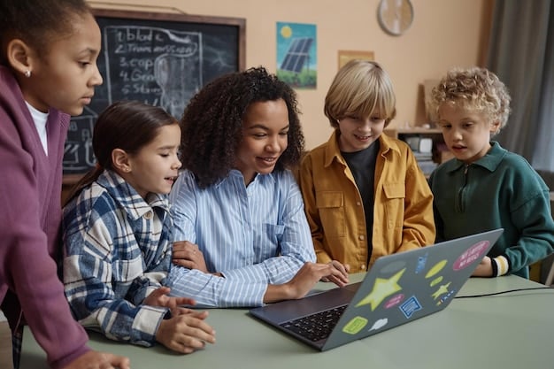A teacher guiding a small group of students through a coding activity, with laptops and collaborative software visible, symbolizing the improvement of educational resources through STEM grants.