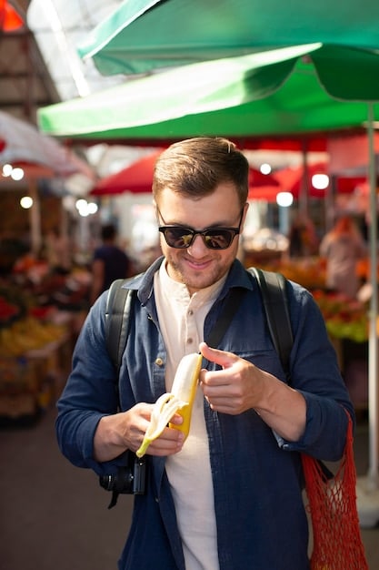 A student smiling and confidently ordering food at a bustling market in Spain. The scene captures the energy of language immersion and cultural exchange. The student is interacting with a local vendor, demonstrating practical language skills.