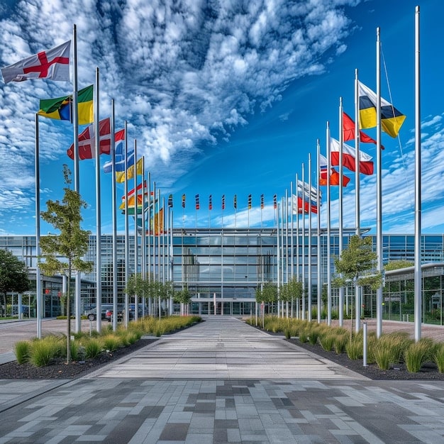A university campus with modern architecture in a vibrant urban setting. Flags from different countries are displayed prominently, symbolizing the international environment and diverse students who benefit from affordable Study Abroad Programs: Discover Affordable Options to Expand Your Horizons and Enhance Your Education.