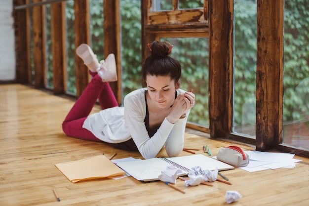 A student taking a break from studying, doing yoga poses in a peaceful room filled with natural light. There are plants in the background, and the student is smiling serenely. The scene conveys calmness and balance, suggesting effective stress management.
