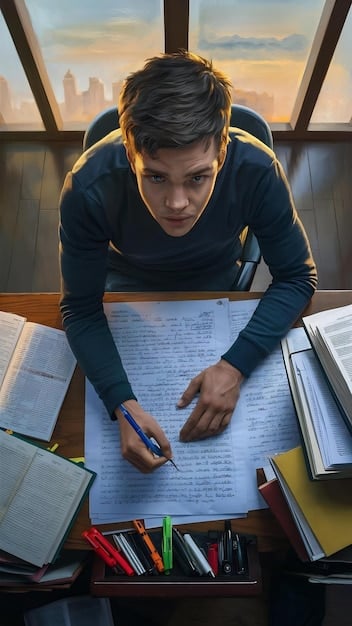 A student meticulously organizing documents and writing notes related to college application deadlines, highlighting the importance of detailed planning and organization in building a strong and successful college application. The desk contains various college brochures and a calendar marked with key dates.
