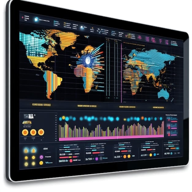 A screen displaying a sophisticated trade management software interface with various dashboards, charts, and data points related to customs duties, classifications, and supply chain analytics, with a subtle overlay of digital network lines.