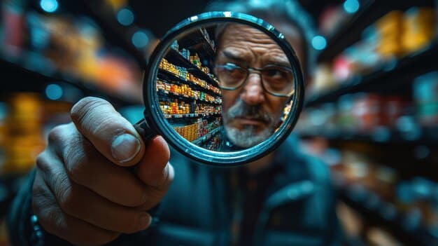 A forensic customs officer examining a manifest and product labels with a magnifying glass, focusing on harmonized tariff codes and country of origin details.