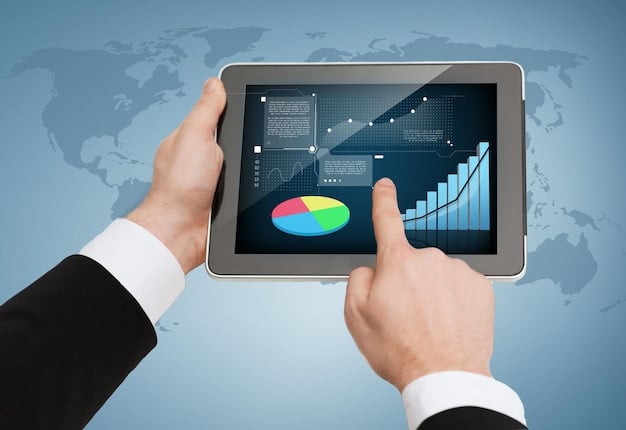 A digital dashboard displaying trade analytics, graphs, and compliance metrics. A human hand points to a positive trend line indicating duty savings, with data points representing HTS codes and FTA benefits.