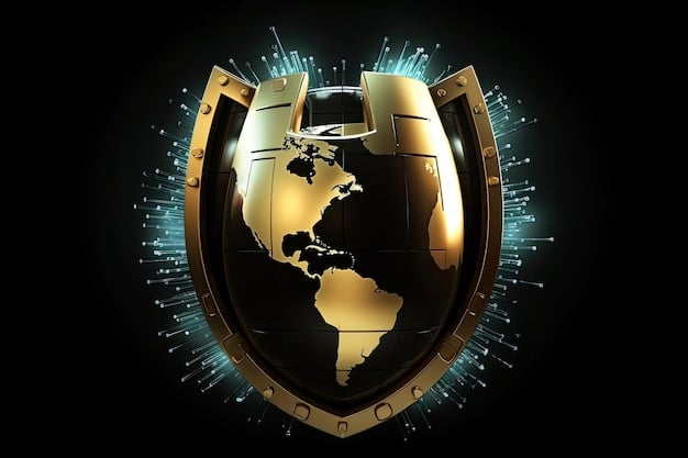 A digital illustration of a shield icon overlaid on a world map, symbolizing global trade security and compliance. The shield represents protection against risks, and the map signifies the international nature of trade regulations. This imagery is relevant to how to leverage the updated US Customs Regulations for a 10% reduction in import duties in 2025 through risk management and compliance.