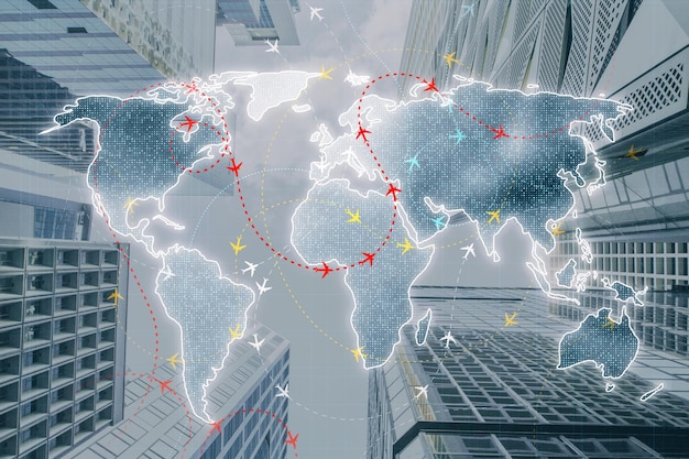 A global map visualization highlighting major trade routes and ports, emphasizing the importance of strategic logistics planning to Maximize Your Profits: Negotiate a 15% Discount with Overseas Suppliers Using These Proven Import Strategies. The map shows ships and airplanes moving goods across continents.
