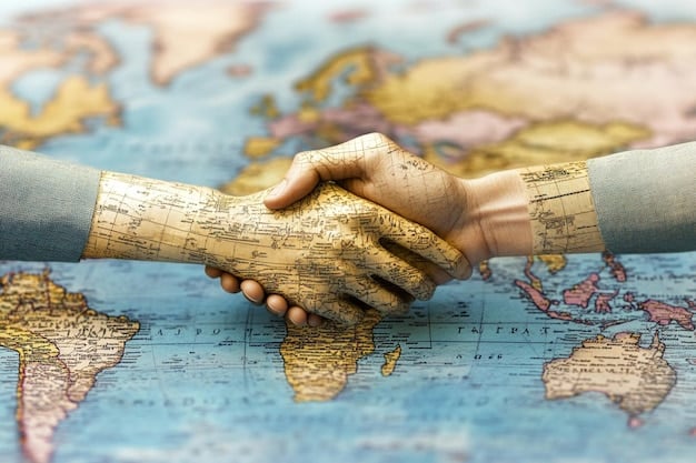 A close-up illustration of two hands shaking over a world map, symbolizing international collaboration and free trade agreements. A subtle overlay of the US and partner countries' flags reinforces bilateral partnerships related to Reduce Import Costs by 20%: A Comprehensive Analysis of US Free Trade Agreements in 2025. The composition should emphasize trust, partnership, and mutual economic benefits derived from these agreements.