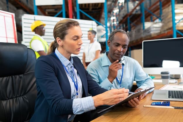 An office setting with a team of supply chain professionals reviewing documents and discussing strategies around a table. The atmosphere is collaborative and focused, representing proactive planning for customs clearance. Mention 'Streamline Your Supply Chain: Expert Tips for Optimizing US Customs Clearance Procedures' in the description.