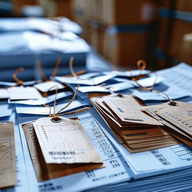 A close-up shot of various shipping documents, invoices, and legal contracts related to international trade. The documents should look authentic and well-organized, suggesting the necessary paperwork for 'How to Qualify for the First Sale Rule and Reduce Your US Import Valuation by up to 25%'.