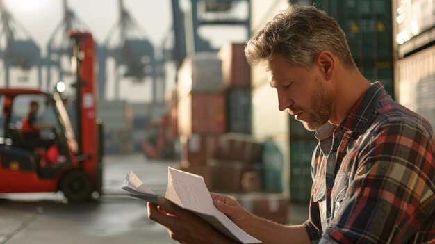 A person reviewing shipping documents with a focus on Incoterms details. The setting is a modern office environment, suggesting a professional and meticulous approach to international trade compliance. There's a world map subtly in the background to highlight the global aspect.
