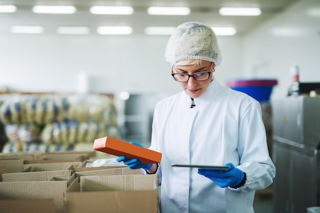 A close-up shot of an FDA inspector examining imported food products at a US port of entry. The inspector is wearing a lab coat and gloves, carefully reviewing labels and checking the condition of the food items. In the background, containers with various international markings are visible, suggesting a diverse range of imported goods. The scene emphasizes the rigorous inspection process involved in Importing Food Products to the US: A Step-by-Step Guide to FDA Compliance in 2025.