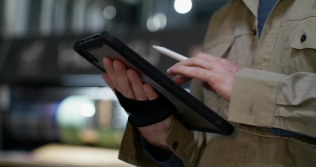 A close-up of a customs officer reviewing shipping documents on a tablet, highlighting the use of technology in customs processes. The image portrays accuracy and efficiency.