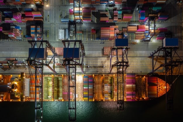 A bustling port scene with cargo ships, containers being loaded and unloaded, and textile products clearly visible, representing the logistics and transportation aspects of importing textiles to the US.