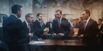 Dynamic image of political figures debating with policy documents and global maps in background, representing the 2025 election's impact on US policy.