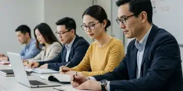 Adults engaged in a modern classroom setting, learning and collaborating.