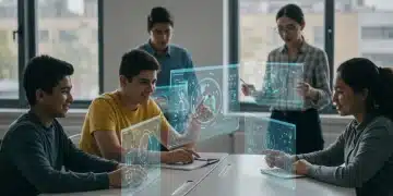 Students and teachers interacting with AI-powered educational technology in a modern classroom setting.