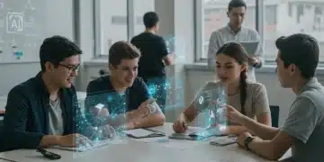 AI's Impact on US Education: Trends & Ethics for 2025 Students and teachers engaging with AI-powered learning tools in a modern classroom setting.