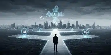 AI's Ethical Crossroads: 4 Key Debates for US Businesses in 2025 AI ethical crossroads with glowing symbols and a business professional contemplating decisions