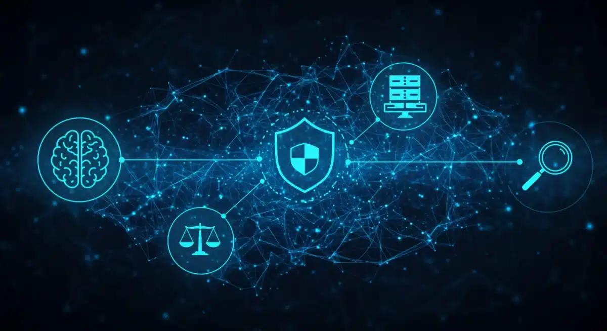 Conceptual illustration of AI ethics, data privacy, equity, and transparency in education.