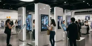 Futuristic retail store with customers using augmented reality for shopping