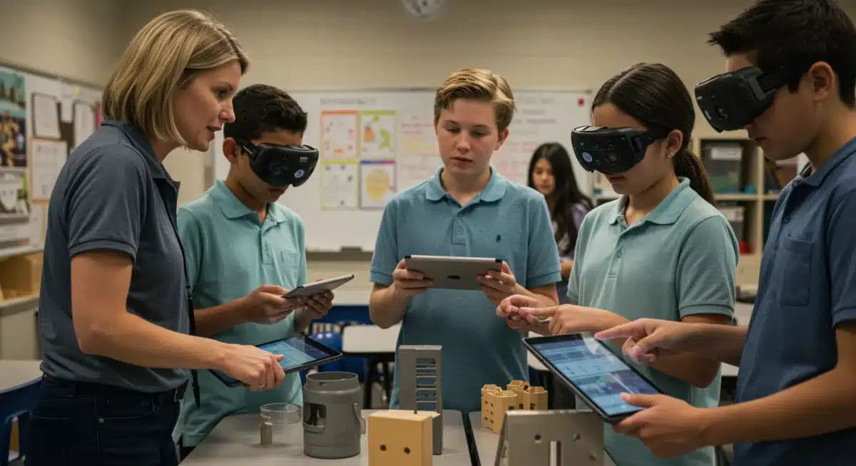 Teacher and middle school students using AR tablets to enhance learning on physical objects.