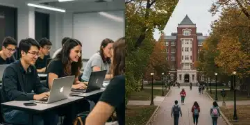 Bootcamps vs. Degrees: 2025 US Job Market Investment Bootcamp students collaborating on laptops contrasted with students walking on a traditional university campus