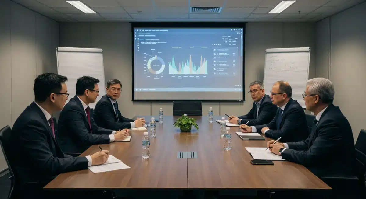 Business leaders discussing AI ethics and governance in a conference room