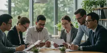 Business team reviewing new environmental regulations for 2025 implementation