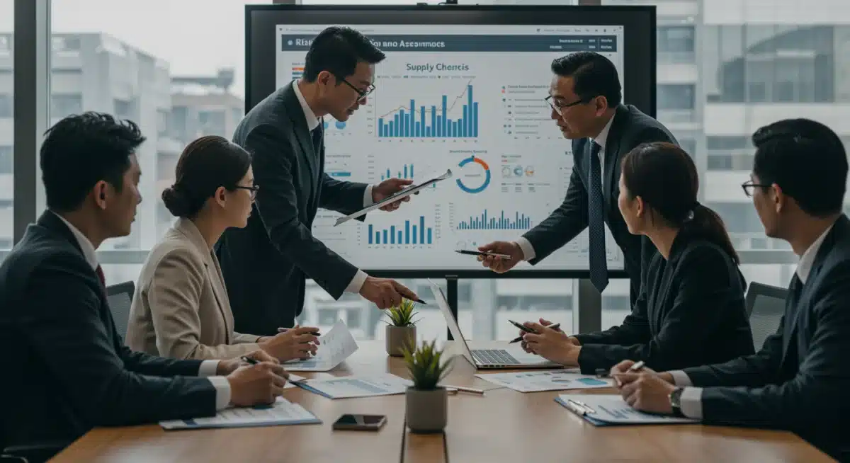 Business team analyzing supply chain data and risk mitigation strategies
