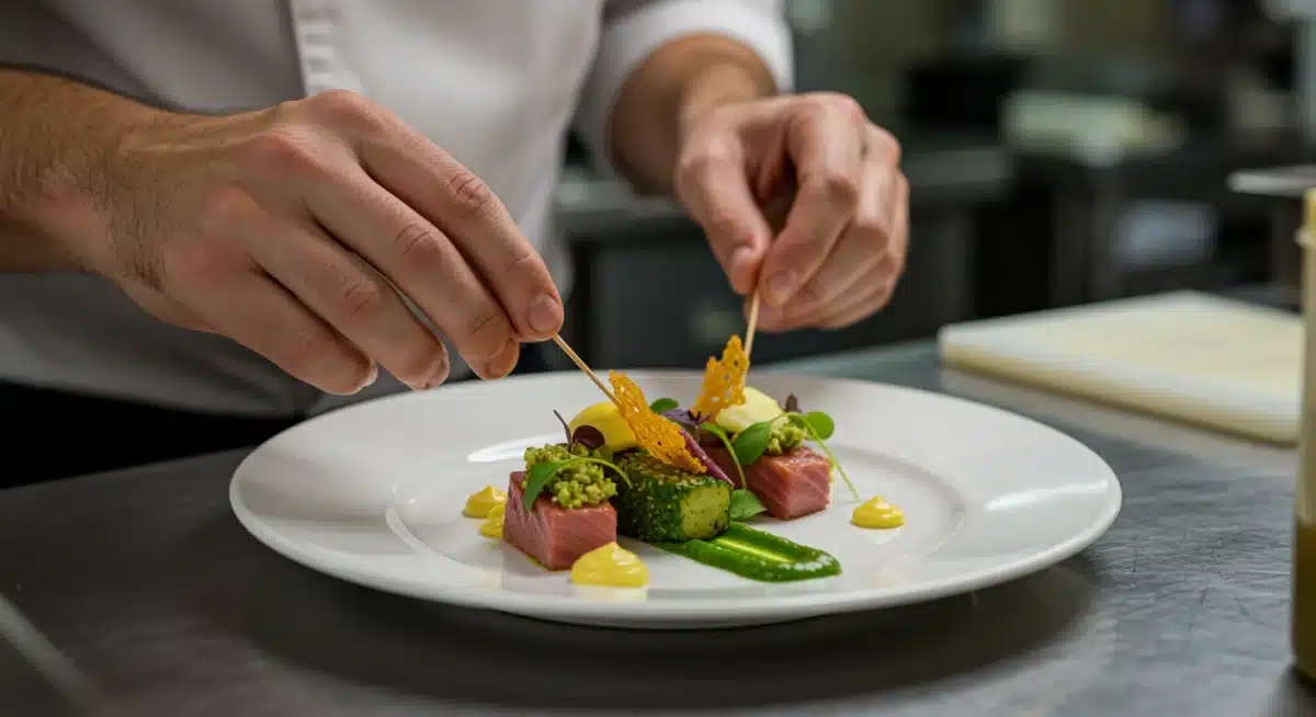 Chef meticulously plating a sophisticated plant-based gourmet dish