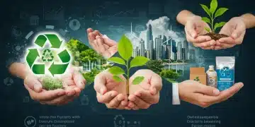 Circular economy concept with recycling symbols, green energy, and sustainable products.