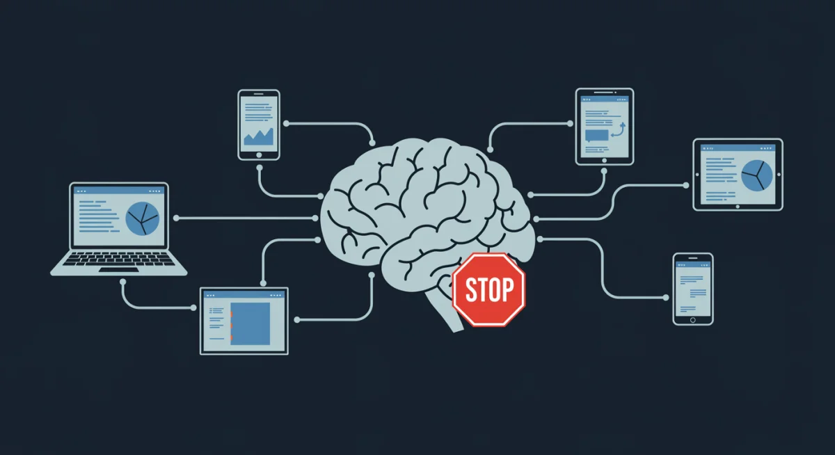 Infographic depicting cognitive overload from multiple digital screens, with a 'pause' symbol