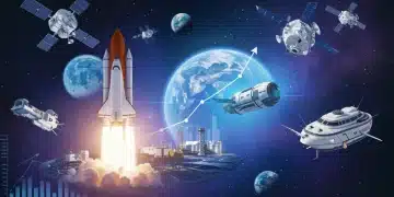 Space Commercialization 2025: 4 Investment Sectors Poised for 20% Growth (RECENT UPDATES) Illustration of commercial space activities, including rocket launches, satellites, and a lunar base, symbolizing growth.