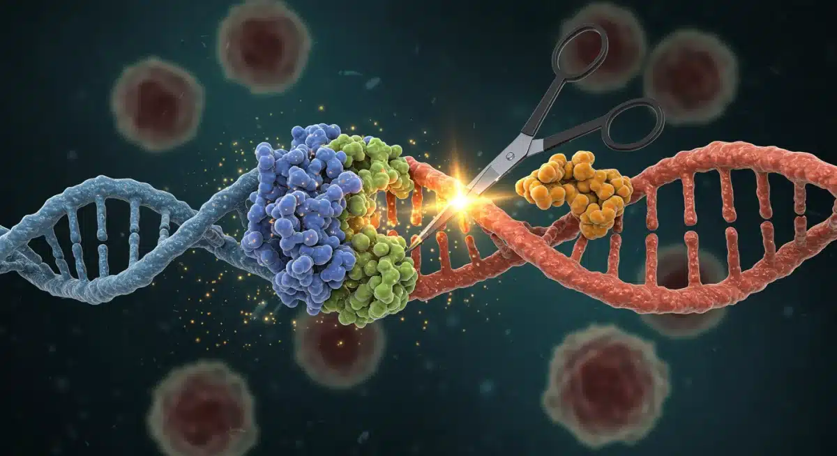 CRISPR-Cas9 gene editing technology precisely altering a DNA strand.
