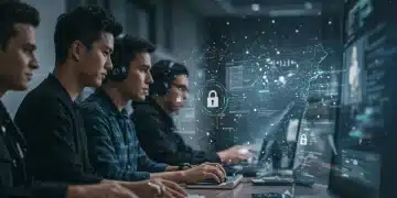 US Cybersecurity Education: Meeting 2025 Demand Students and professionals training in cybersecurity, digital network security on screens, US map backdrop