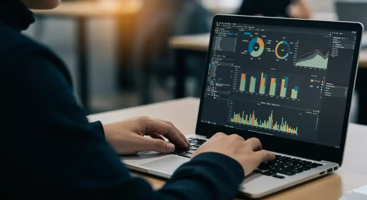 Individual analyzing complex data on a laptop, emphasizing critical digital skill application