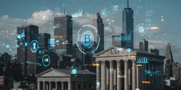 DeFi in 2025: Key Trends Reshaping US Banking Futuristic city with digital overlays representing DeFi impacting US banking in 2025